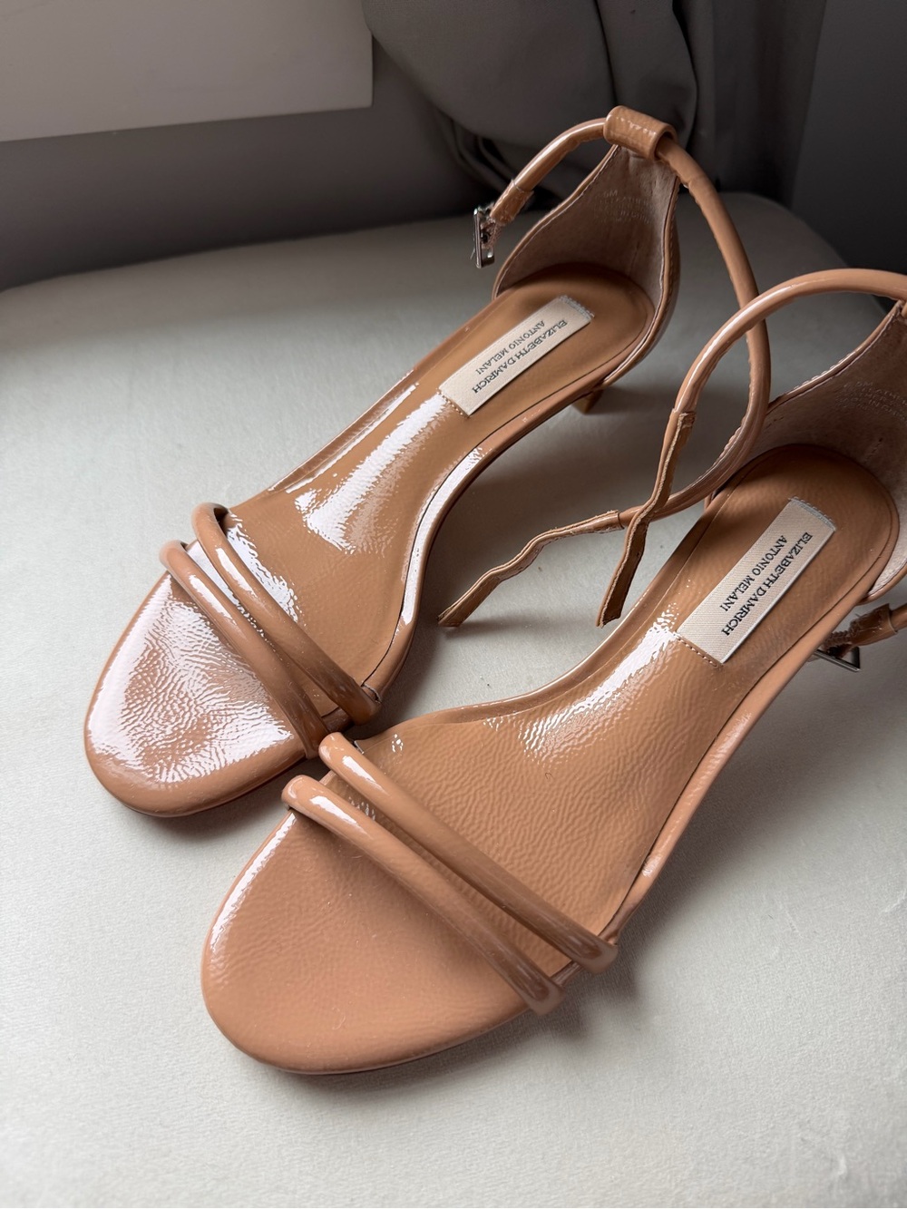 ANTONIO MELANI Patent Nude Strappy Sandals with Ankle Strap